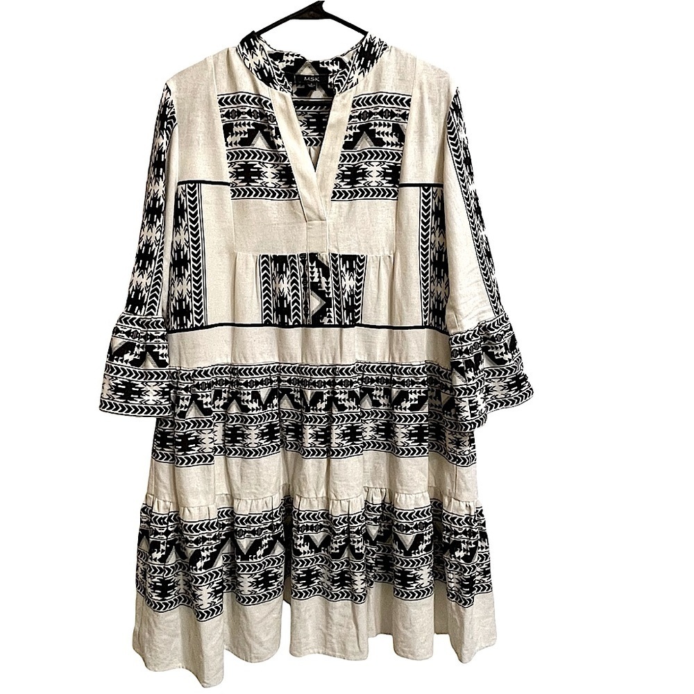 MSK Tribal Aztec Southwest Print Dress Babydoll Tiered Black & White Size Small